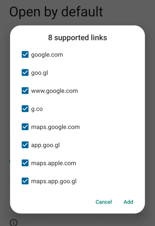 Screenshot of GeoShare’s Open by defaultsettings